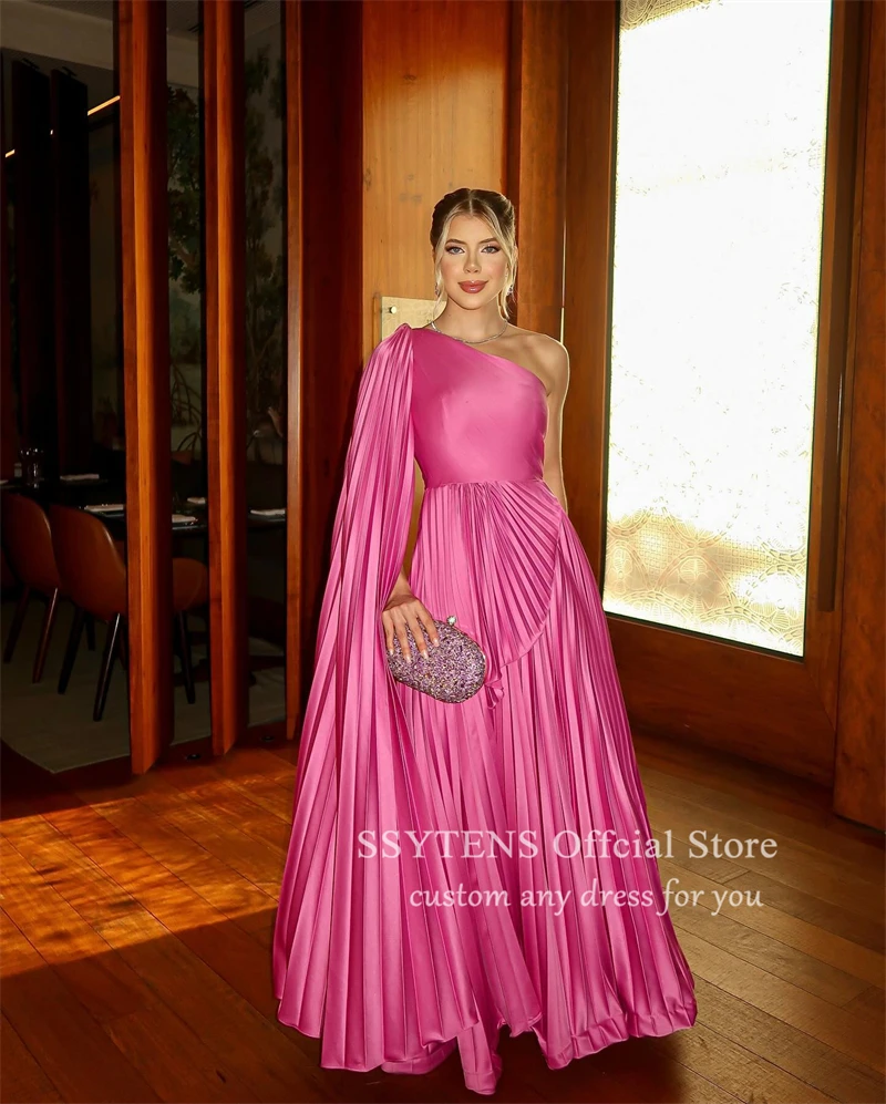 SSYTENS One Shoulder Party Dresses One Shoulder Special Occasion Prom Gowns for Women Long Cape Sleeve Pleat Wedding Guest Dress