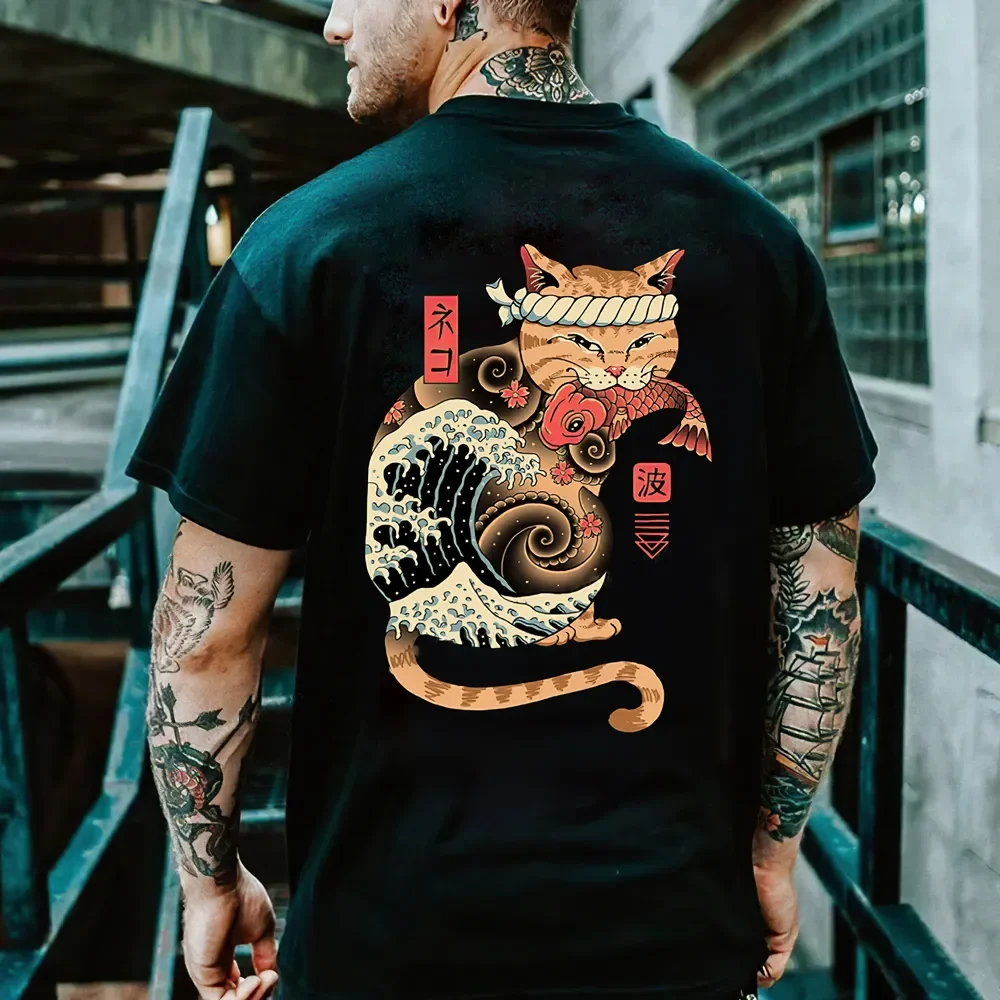 Kaus gambar kartun Anime Samurai kucing untuk pria luar ruangan kaus lengan pendek longgar kerah O baju Vintage Harajuku Hip Hop luar ruangan