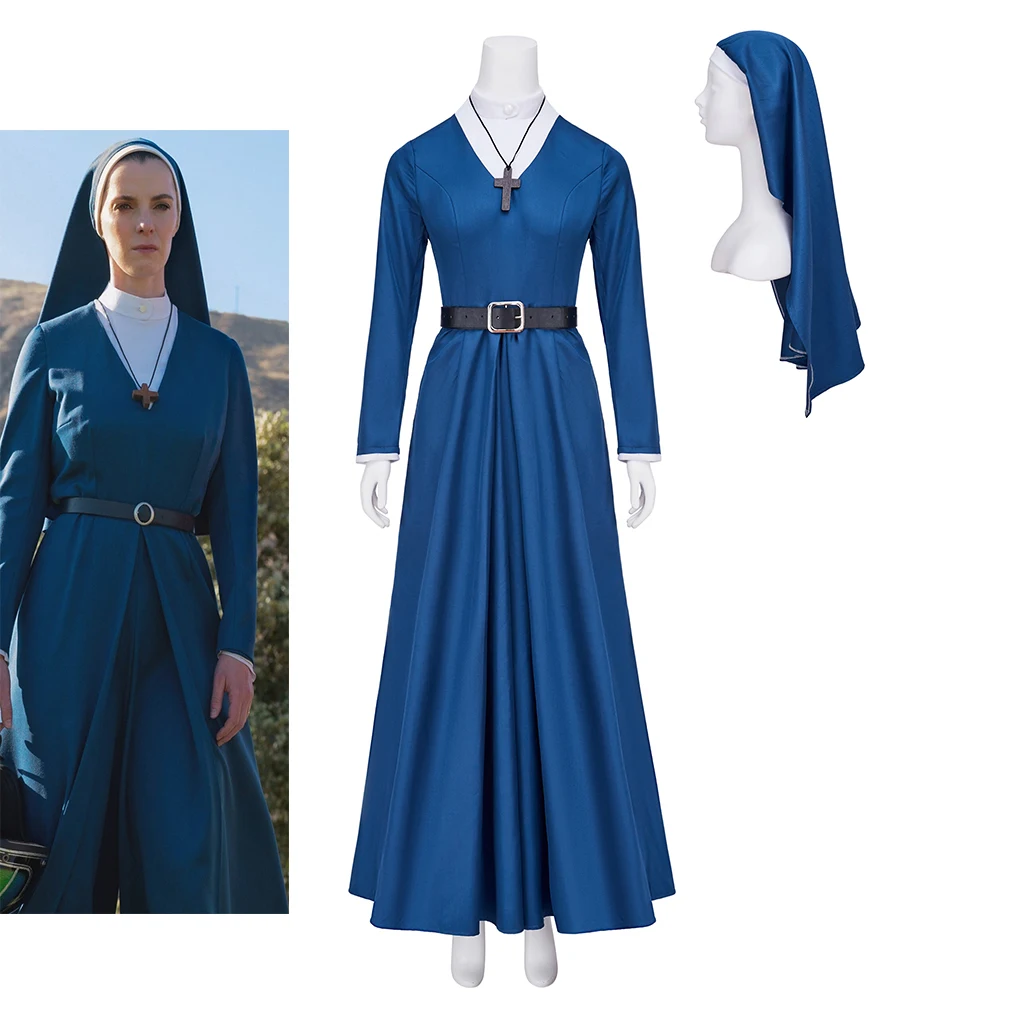 Mrs. Davis Simone Cosplay TV Costume Women Girls Fantasia Blue Nun Uniform Dress Suit Halloween Carnival Party Disguise Outfits