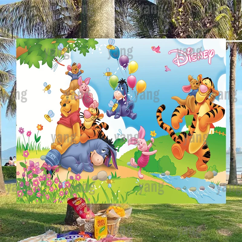 Disney Backdrop Photo Wall  Winnie Bear Custom Outdoor Balloon Tigger Piglet Boy Party Banner Baby Shower Background Birthday