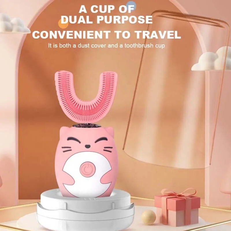 الغذاء الصف القط الكرتون سيليكون مقاوم للماء 360 جميع مدور سونيك مقاوم للماء قابلة للشحن U شكل فرشاة الأسنان الكهربائية للأطفال