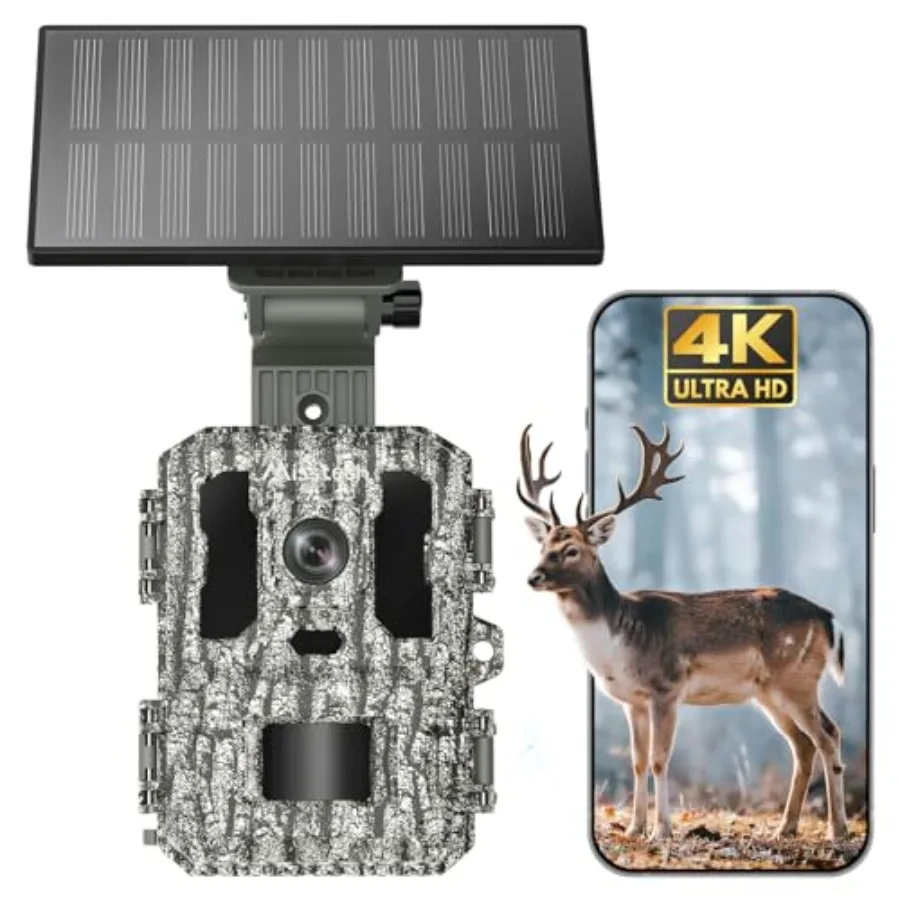 

Game wildlife monitoring solar trail camera: 4K UHD, 64MP, 0.1s activation, IP66 waterproof, black, no monthly fee, app control