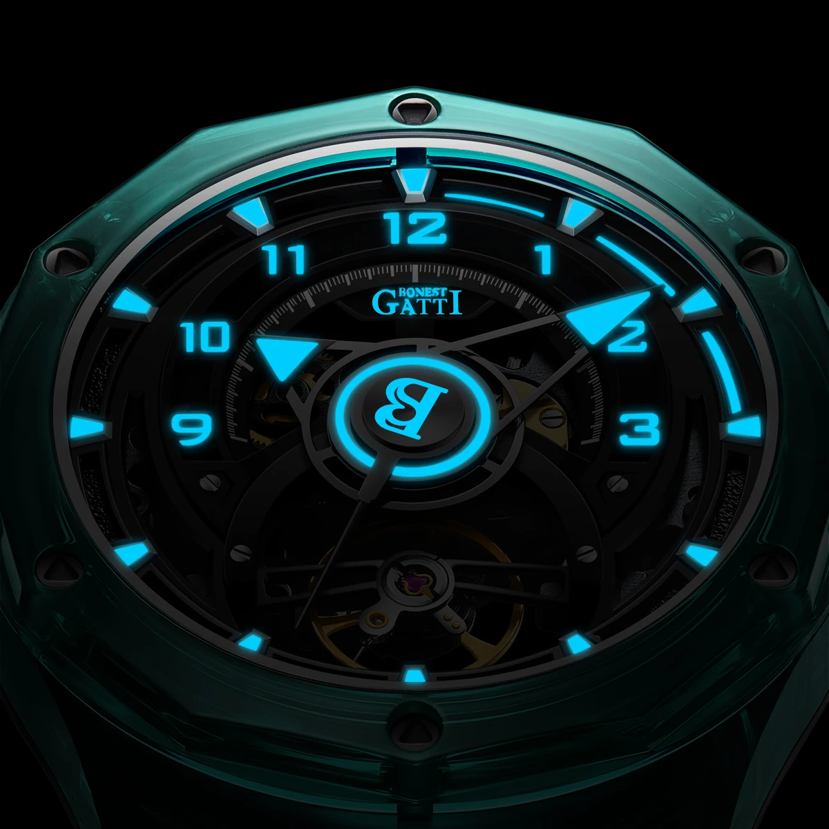 Bonest Gatti ساعة رجالية فاخرة عالية الجودة من الياقوت المكرر حافظة شفافة مضيئة ساعة ميكانيكية أوتوماتيكية للرجال