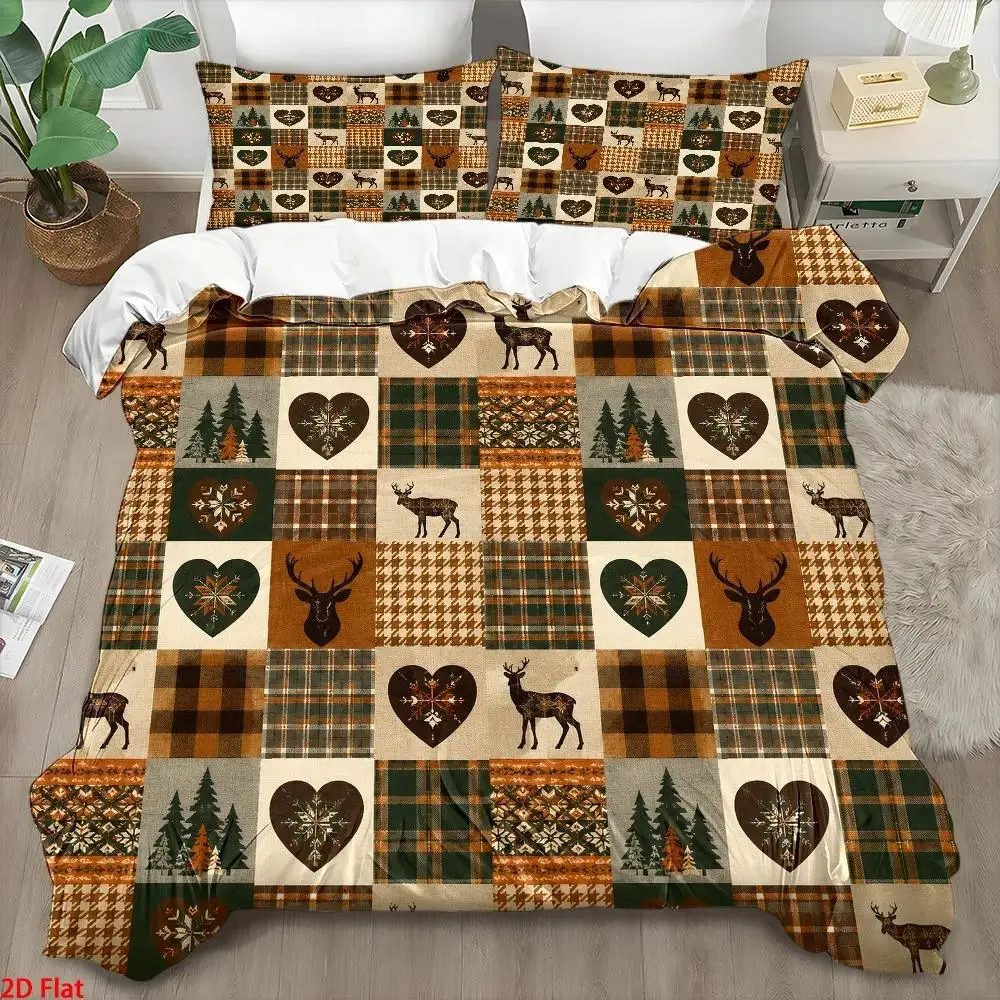3Pc Nordic Style Elk Heart Print Quilt Cover Set, Three-Piece Bedding Set (1*Quilt Cover + 2*Pillowcases), Skin-Friendly Breathable Polyester Woven Bedding, with Invisible Zipper, Easy to Clean and Durable, Modern and Simple, Suitable for All Seasons, Double Bed Bedding, Wrinkle-Resistant, Machine Washable, Cozy Home Bedroom Decoration, Suitable for Student Dormitory Master Bedroom and Guest Room, Quilted Duvet Cover, Soft and Comfortable, Light Luxury Style Bedspread Set, Suitable for Home and Dormitory Master Bedroom and Guest Room