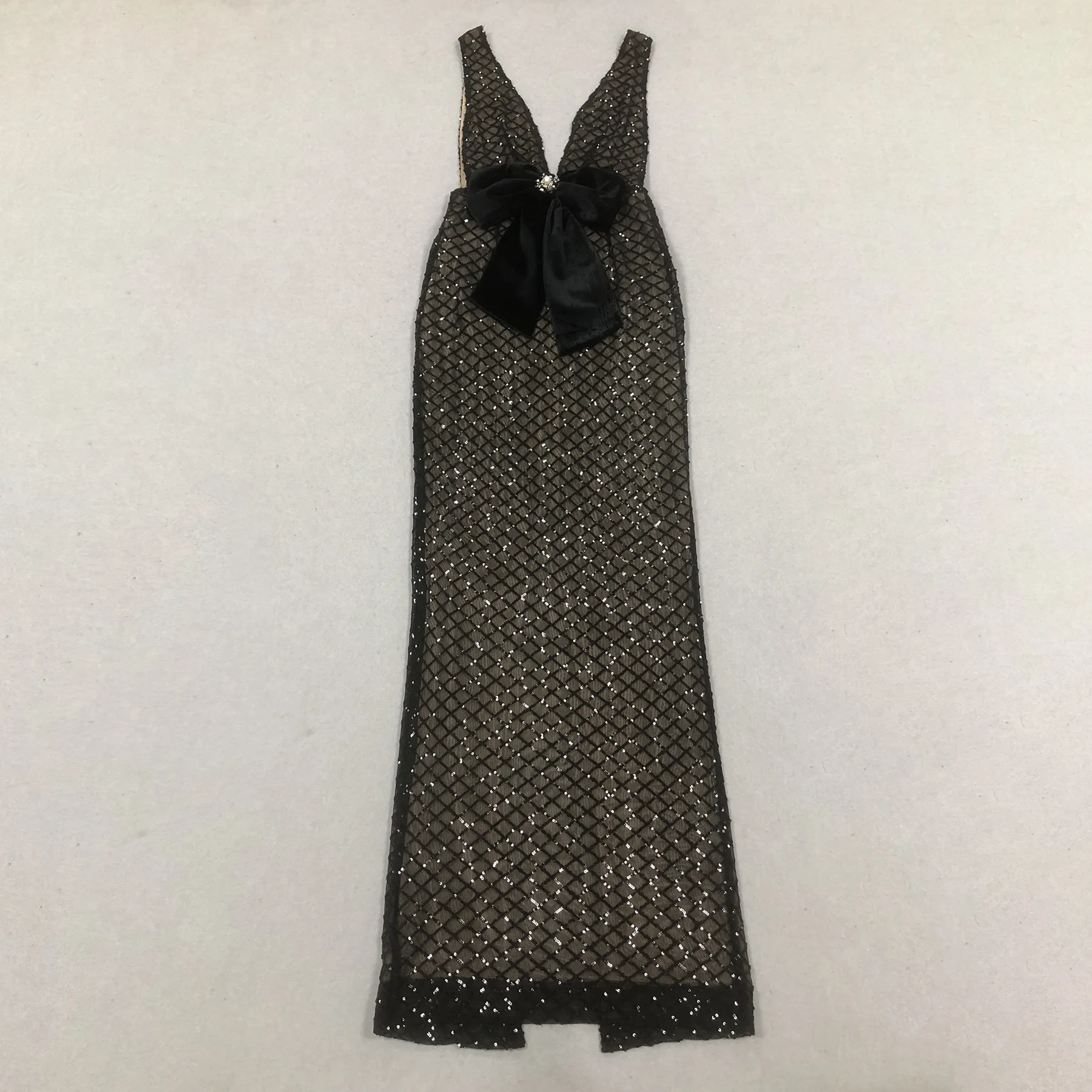 

Black Bows Shining Sequin Sexy V-Neck Sleeveless Mesh See Through Long Dress Fashion Woman Evening Dress Celebrity Party Outfit
