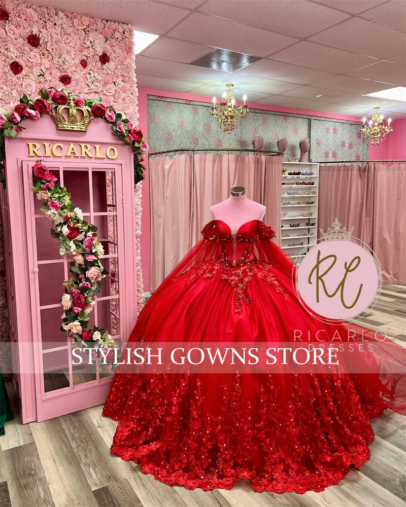 Vermelho 3d flor quinceanera vestidos grânulo apliques vestido de baile vestido de aniversário luxo 2024 com capa ocasião especial vestido personalizado