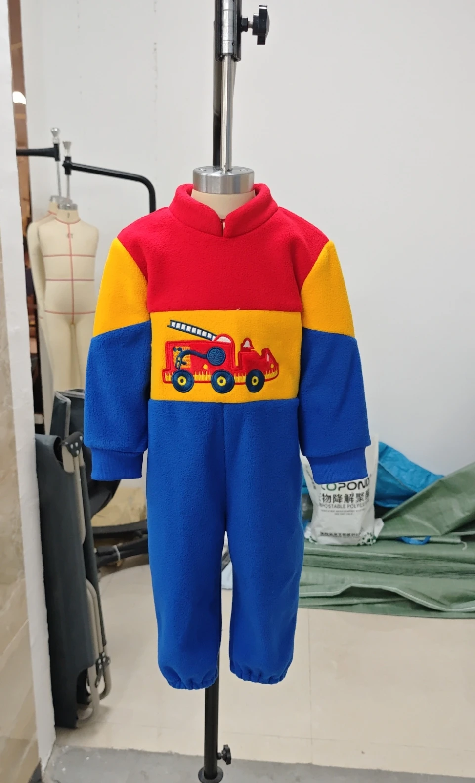 

Toddler Clothes Baby Boy Winter Romper Fleece Contrast Color Truck Embroidery Mock Neck Full Length Jumpsuit Newborn Clothes