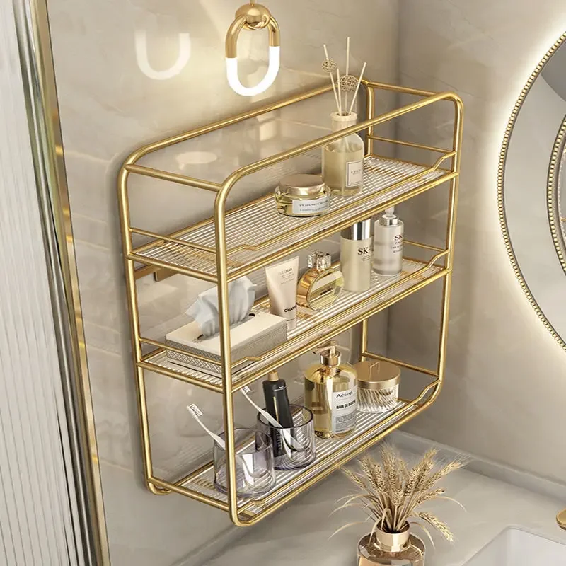 Acrylic Bathroom Shelf Free Punch Washstand Wall Cosmetic Light Luxury Bathroom Multi-layer Gold Storage Shelf Accessories