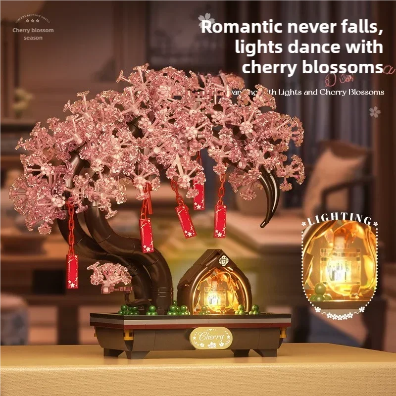 Romantic Sakura Tree Building Blocks Potted Bonsai Bricks Model With Light Desktop Decoration Children DIY Toys Holiday Gifts