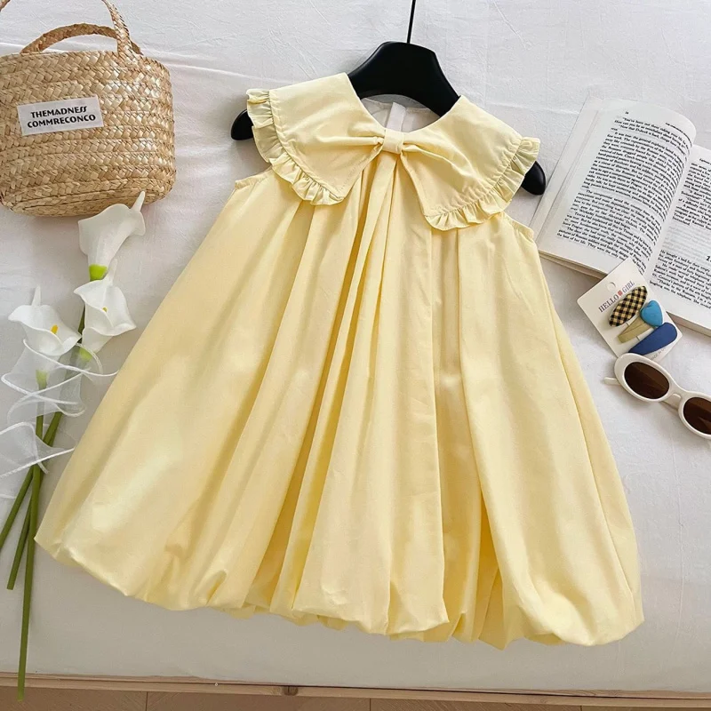 

2025Summer Girls' Dress Large Lapel Sleeveless Bud Vest Dress Baby Girls' Bow Princess Dress