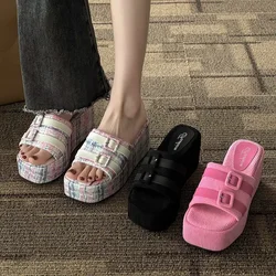 Square Head Platform Slippers Belt Buckles Corduroy Open-toe Women Sandals Summer New 2024Designer Shoes Fashion Wedge Sandals