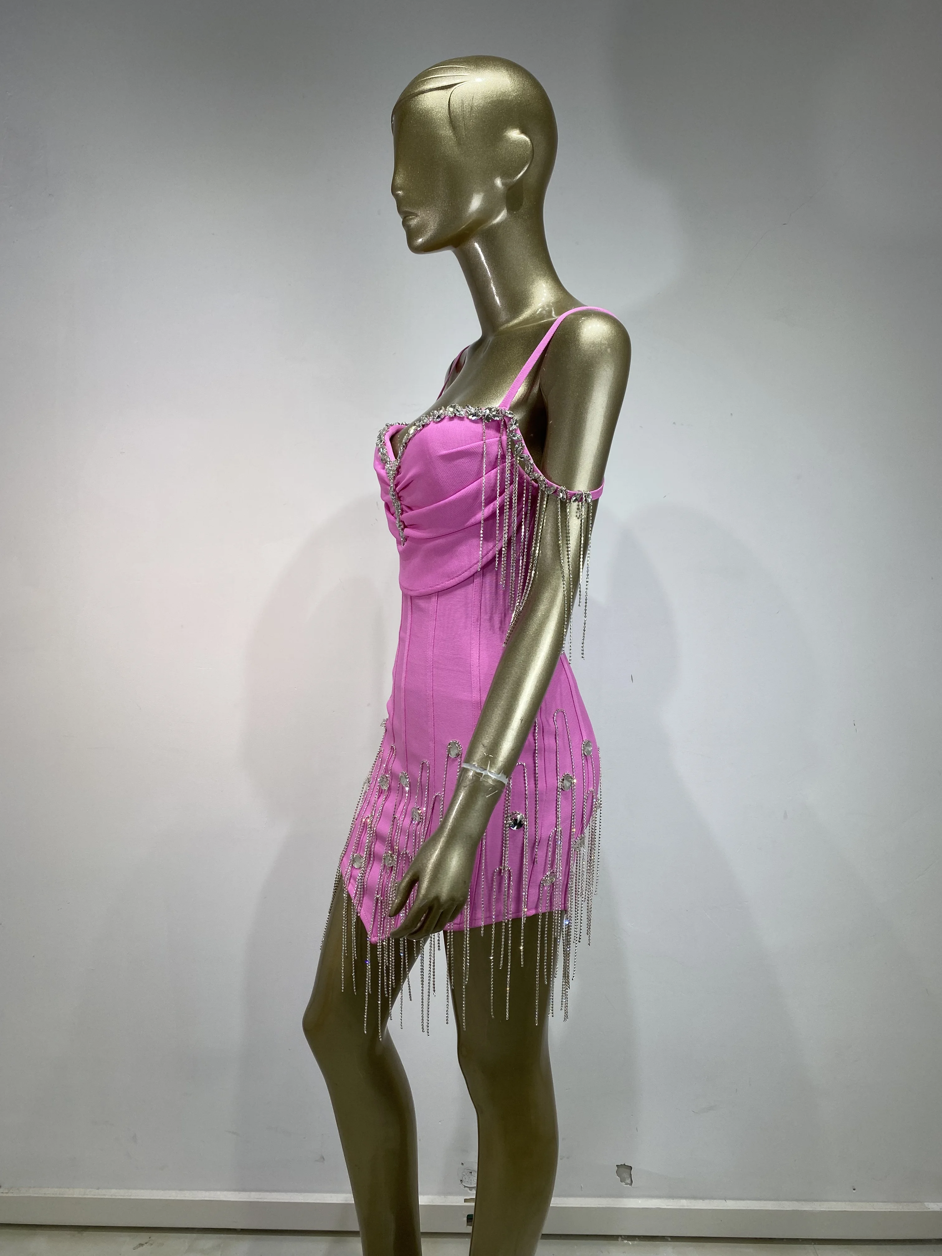 Women Luxury Birthday Dress Pink Spaghetti Strap Diamonds Tassel V Neck Bodycon Mini Celebrity Evening Club Party Dresses