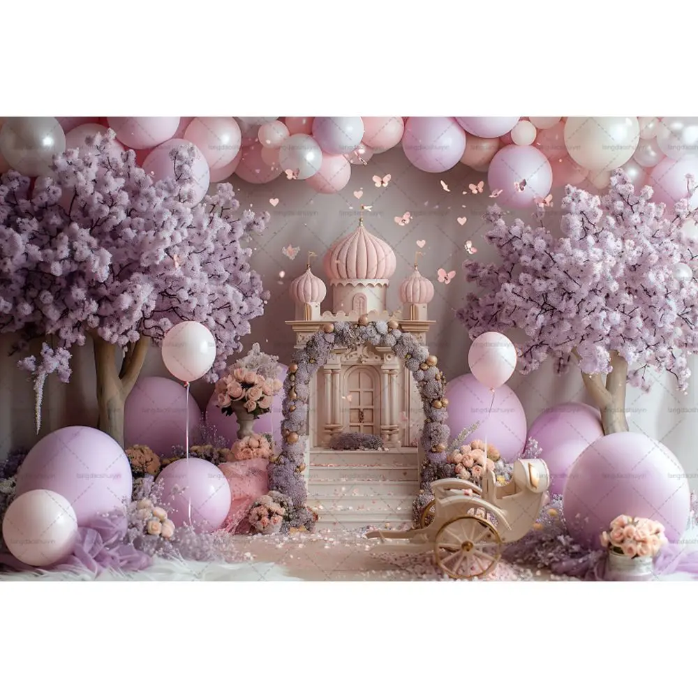 3D Fairytale Castle Photography Background Colorful Balloon Arch Girl Little Princess Birthday Party Backdrop Photo Studio Props
