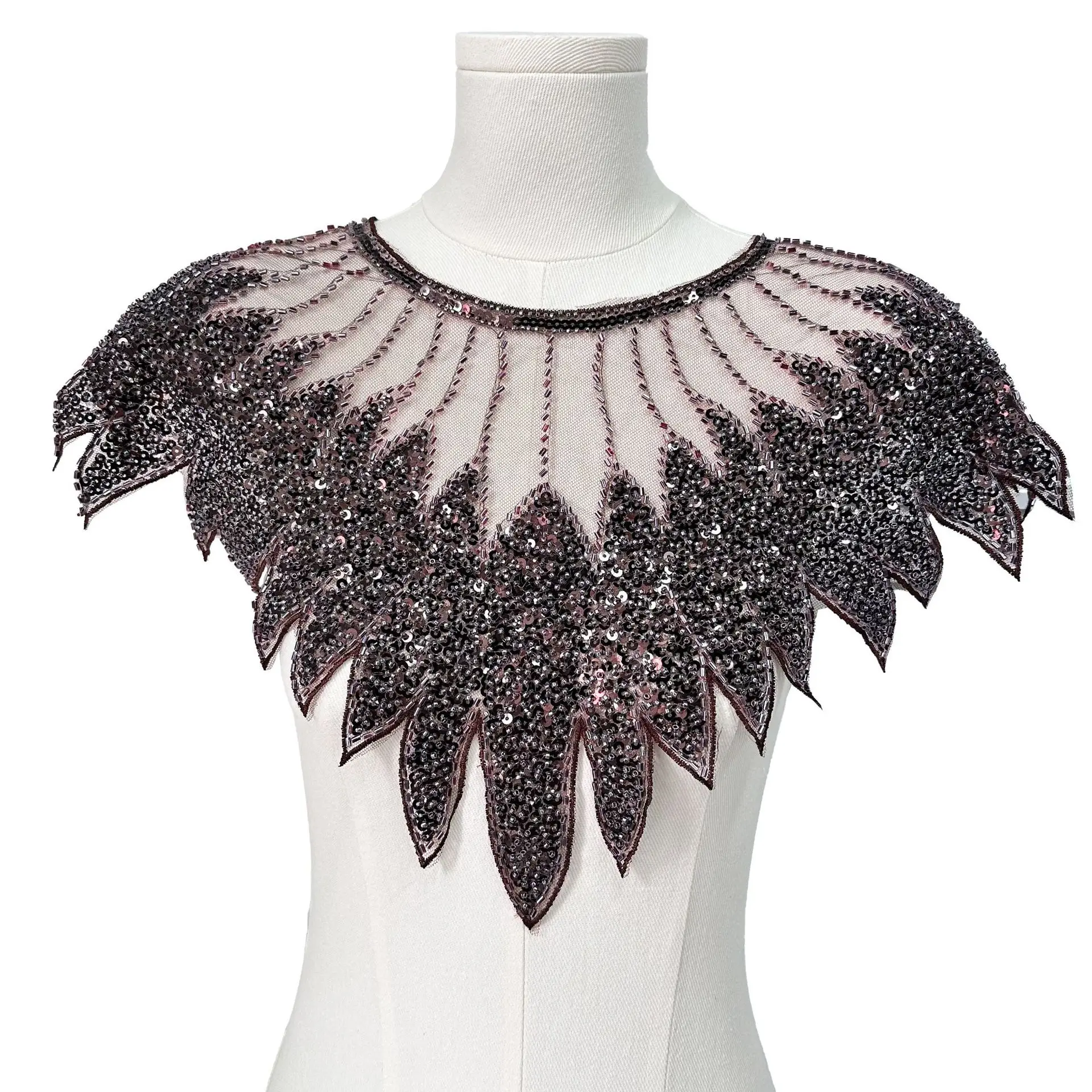 Beaded Sequined Net Embroidered Heavy Collar Front Chest Patch DIY Clothing Decorative Trim Adornment for Apparel