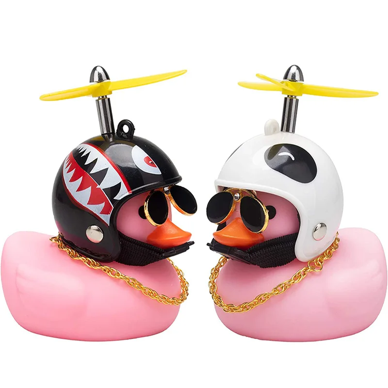 Car Ladybug Pattern Helmet Pink Duck with Sunglasses, Rubber Bike Duck for Car Ccessories, Dashboard Toy Small Decoration