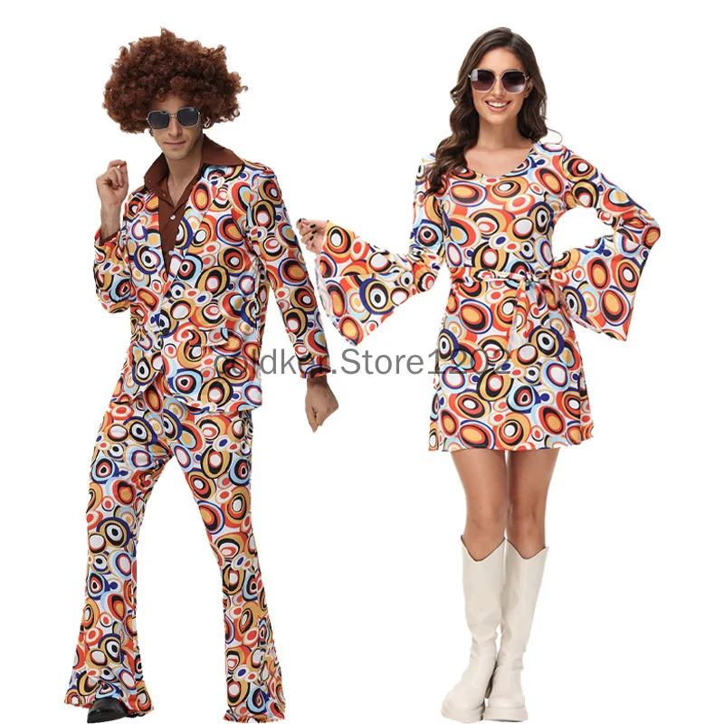 Men Women Retro 70s 80s Hippie Costume Disco Rock Hip-Hop for Cosplay Couples Purim Halloween Disfraces De Adulto