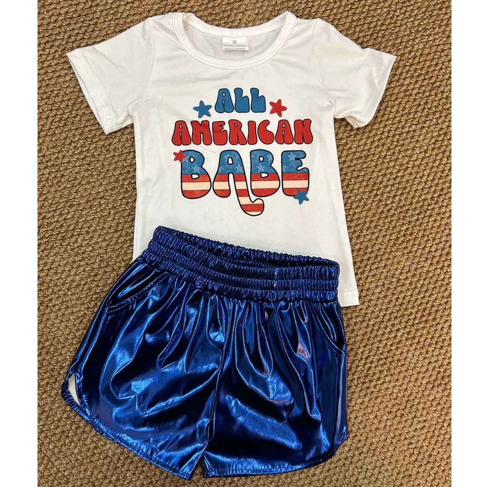 

Boutique Baby Girls Clothes 4th of July American Babe Tops Metallic Sets Fashion Kids Children Clothing Wholesale Girls Outfits
