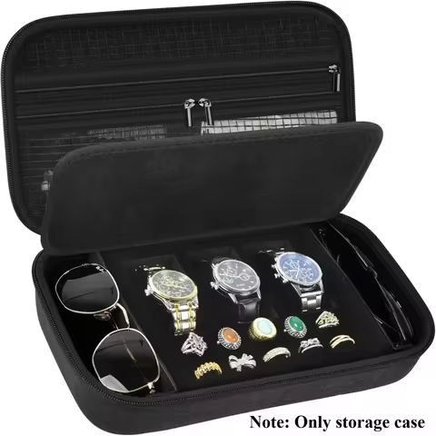 (Case only) Jewelry Box Watch Case Organizer, Travel Display Storage with 3 Watch Compartments, 2 Glasses Slots, 10 Ring Holders