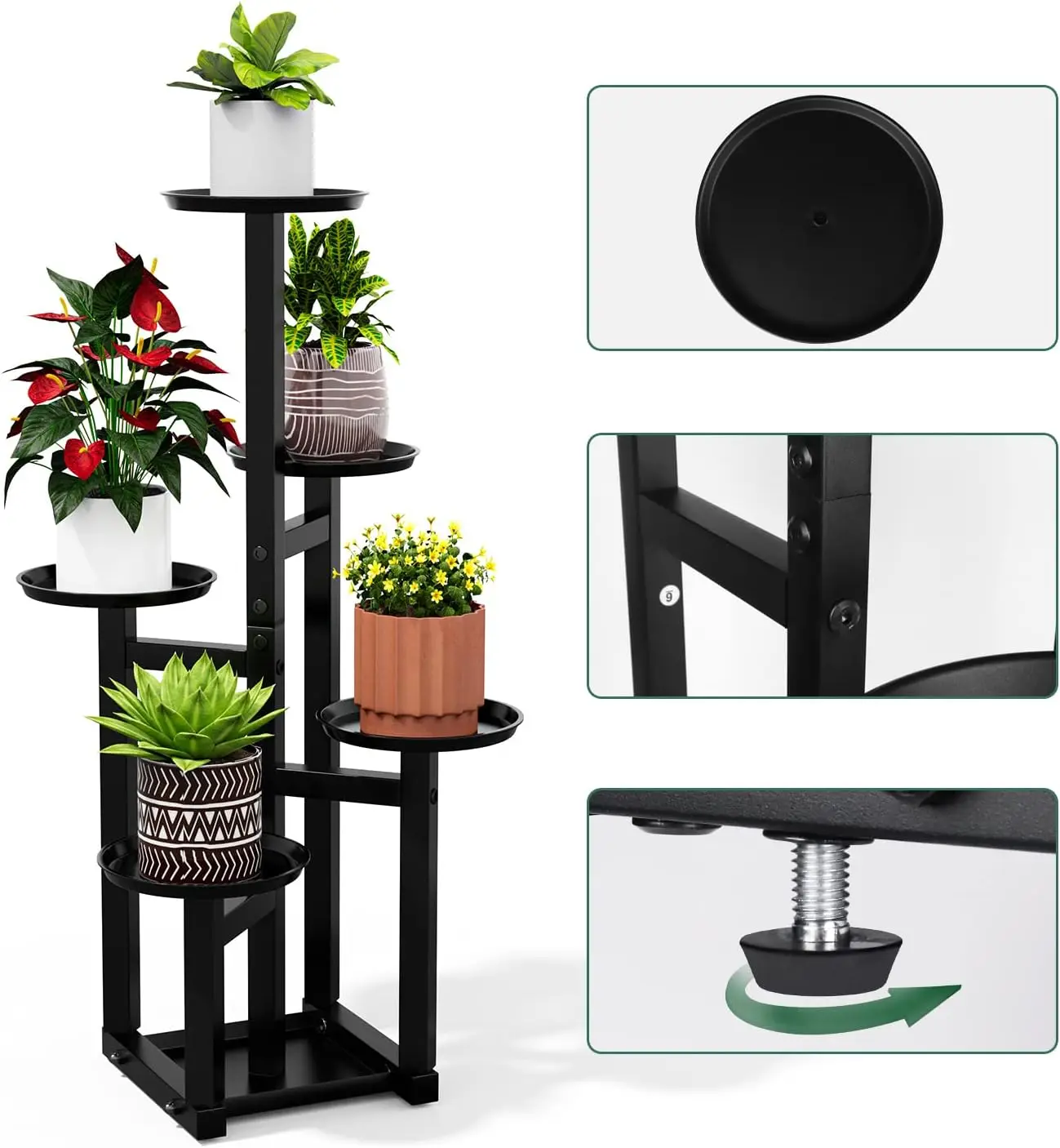 POTEY-Soporte de Metal de 5 niveles para plantas, estante alto de esquina para múltiples plantas, estante negro para Patio de casa al aire libre L