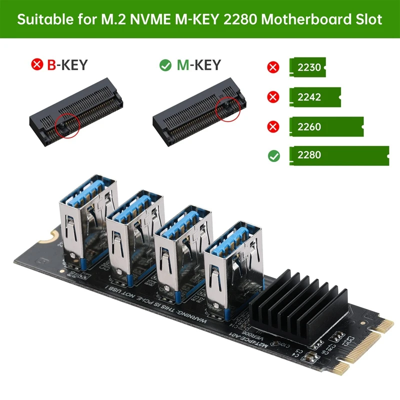 Top-M.2 nvme-4 usb pcieライザーアダプター,m2 m-key-pcie 1x usb 3.0コンバーターカード,ヒートシンク付き,ビットコインマイナーマイニング用