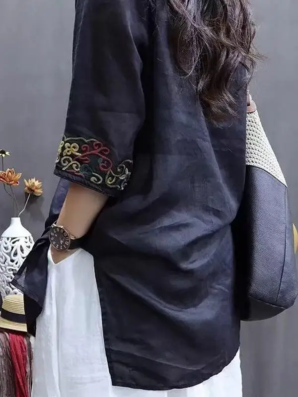 Csa Larga Retro de Aodón y Lino con Bordado para Mujer, Talla ande, Verano, Casual, Cuello en V, Estilo Adeazante, B...