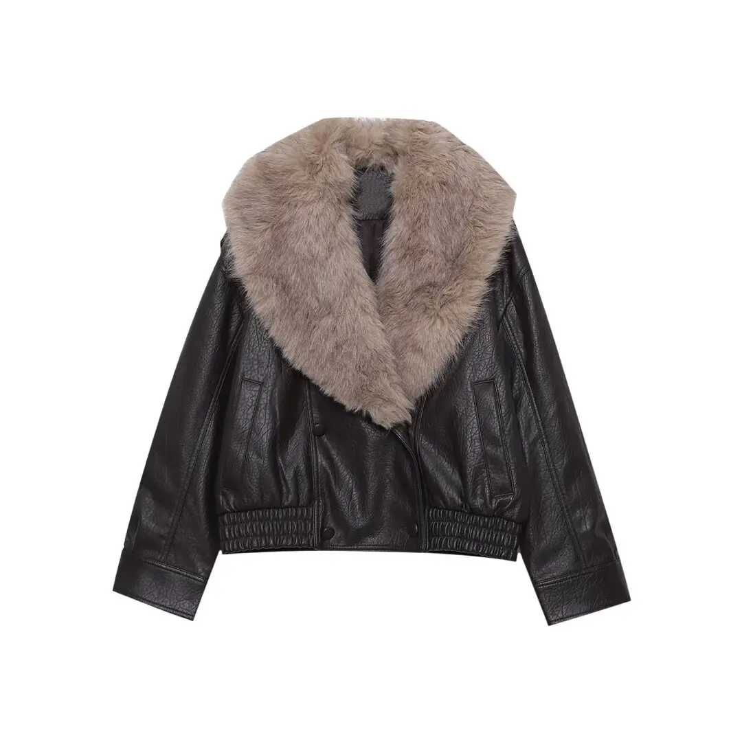 DiYiG WOMAN 2025 Winter New fashion winter new artificial fur detachable neckline imitation leather jacket coat Outerwear Mujer
