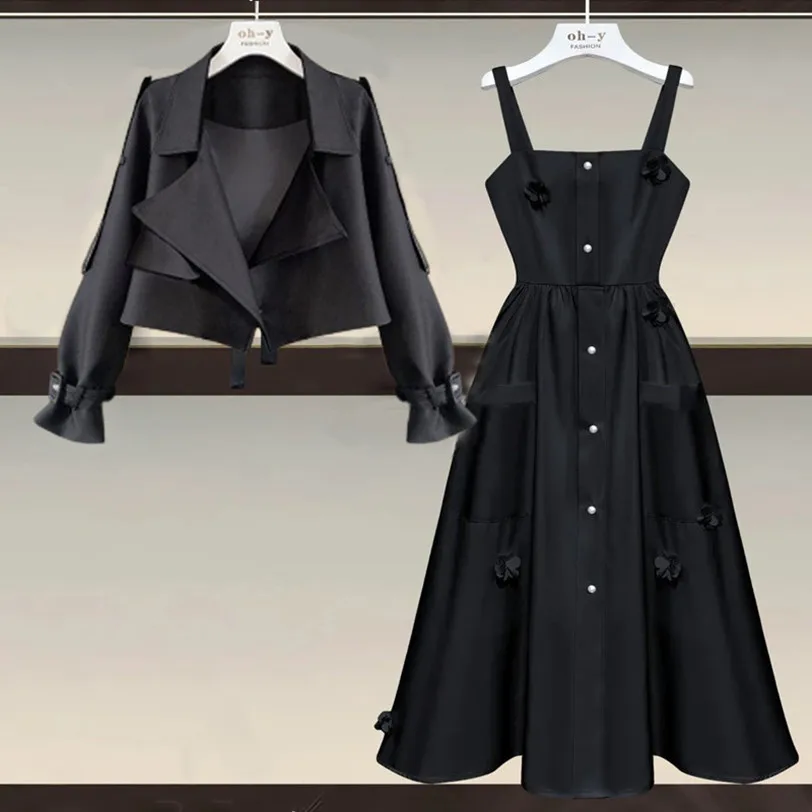Oversized Women's Autumn Set 2023 New Korean Fashion Coat Fashion Slim Slim Slippery Dress Two Piece Set Fashion