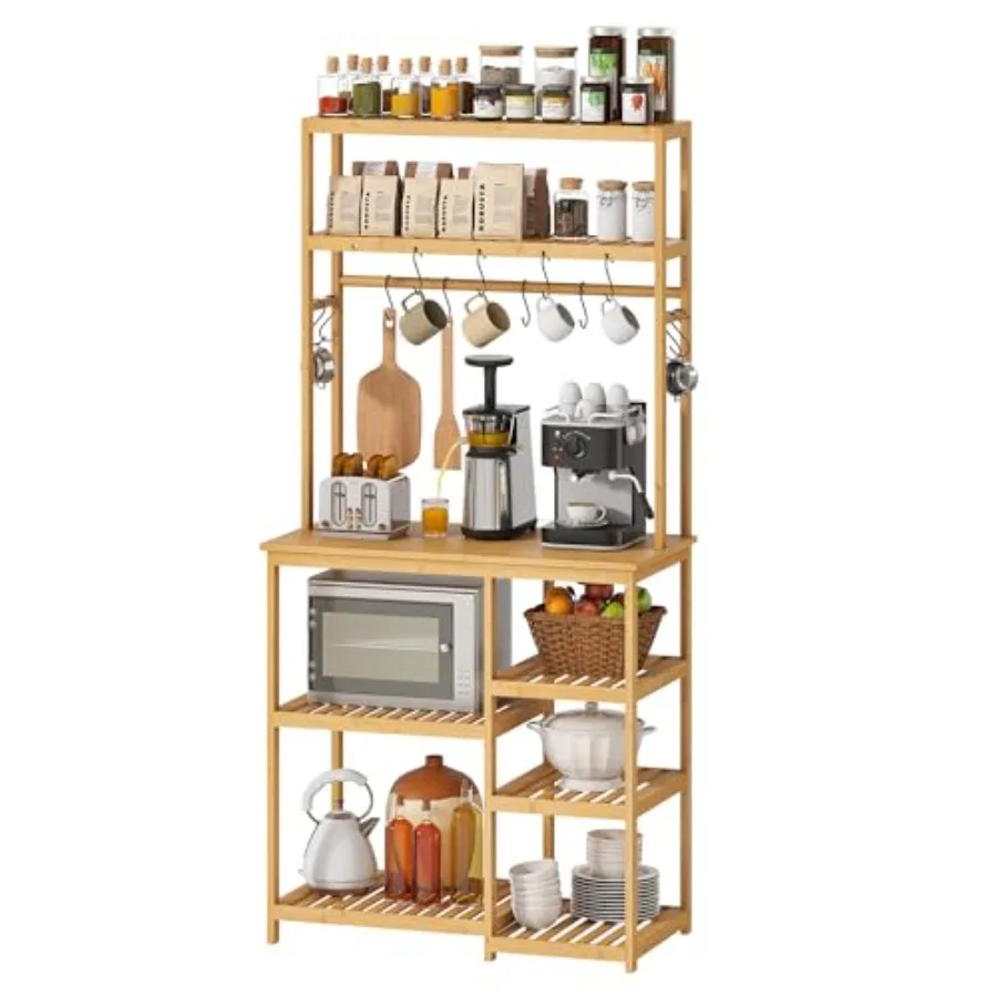 

Bakers Rack Bamboo for Kitchen with 12 S-Shaped Hooks Coffee Bar Table Kitchen Microwave Stand Open Storage Shelves Utility Sto