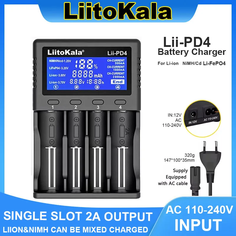 

LiitoKala Lii-PD4 ЖК-умное зарядное устройство для литий-ионного аккумулятора 3,7 В 18650 18350 18500 21700 20700B 10440 26650 1,2 В NiMH/Cd AA AAA SC