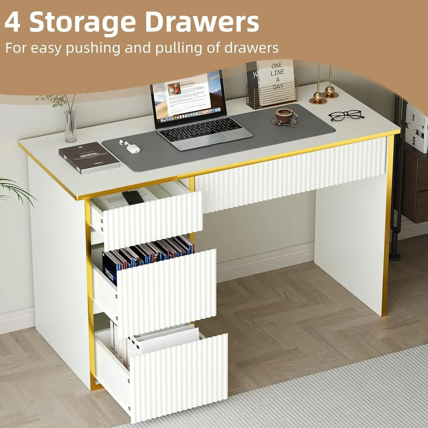 White Desk with Drawers, 47'' Computer Desk with 4 Drawers for Small Spaces, Small Office Desk with File Drawer for Study Room,