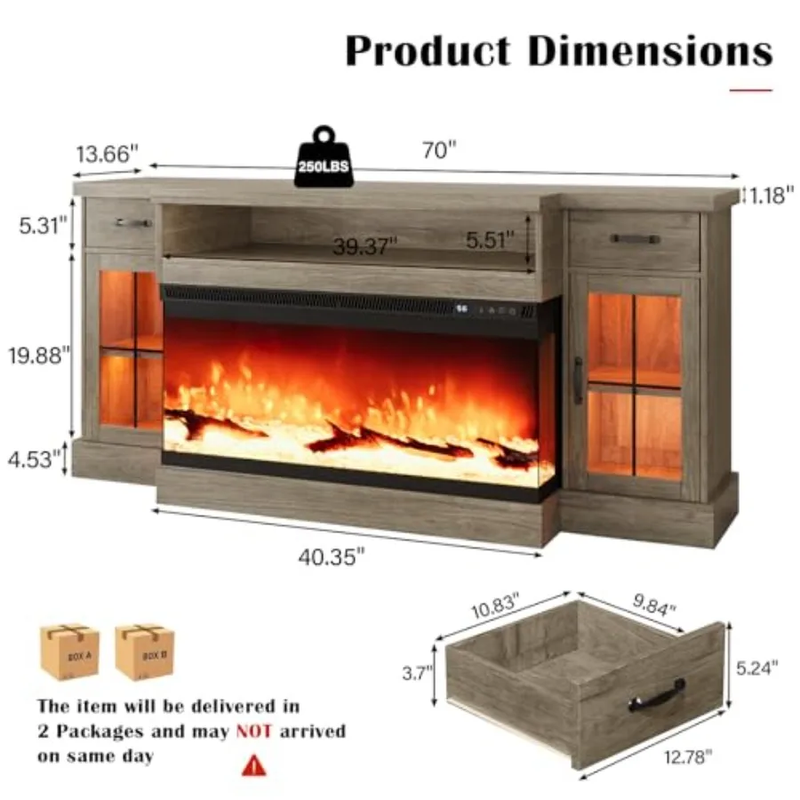 Farmhouse TV stand for TVs up to 80, 70 fireplace entertainment center with 3-sided glass electric fireplace, grey wood-look fi