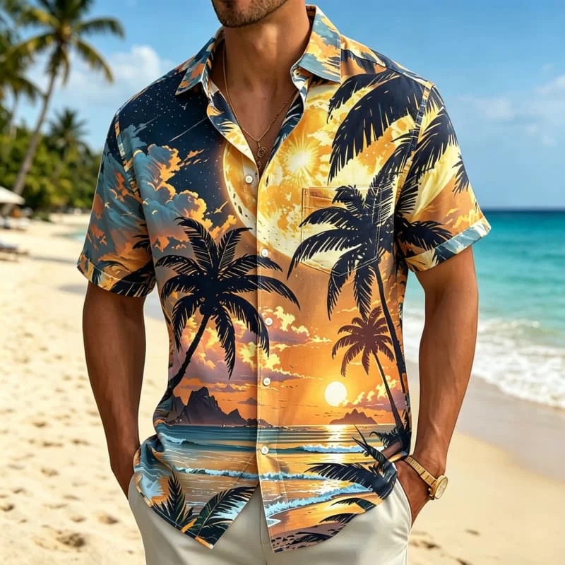 2026 Men's Sunset Moon Night Coast Navigation Style Printed Short Sleeve Shirt Suitable for Summer Beach Vacation Casual Wear