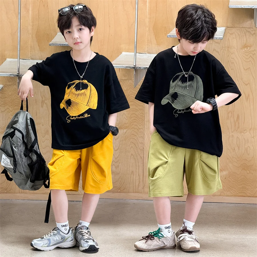 

Korean Child Summer Tracksuit for Boy Casual Short Sleeve T-shirt And Shorts 2 Piece Top And Bottom Clothes Set Kids Outfit Suit