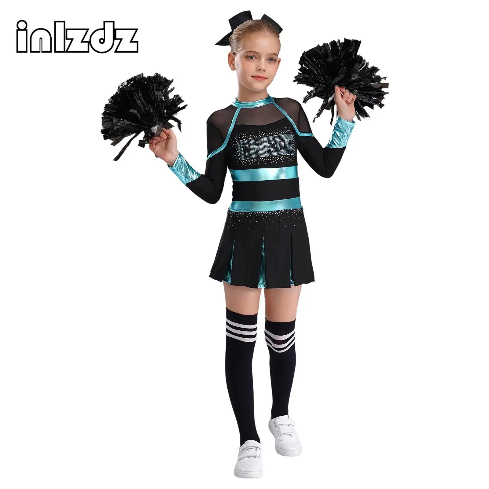 

Kids Cheerleading Uniforms School Girls Cheer Dance Outfit Rhinestones Modern Dance Sets for Halloween Carnival Birthday Party