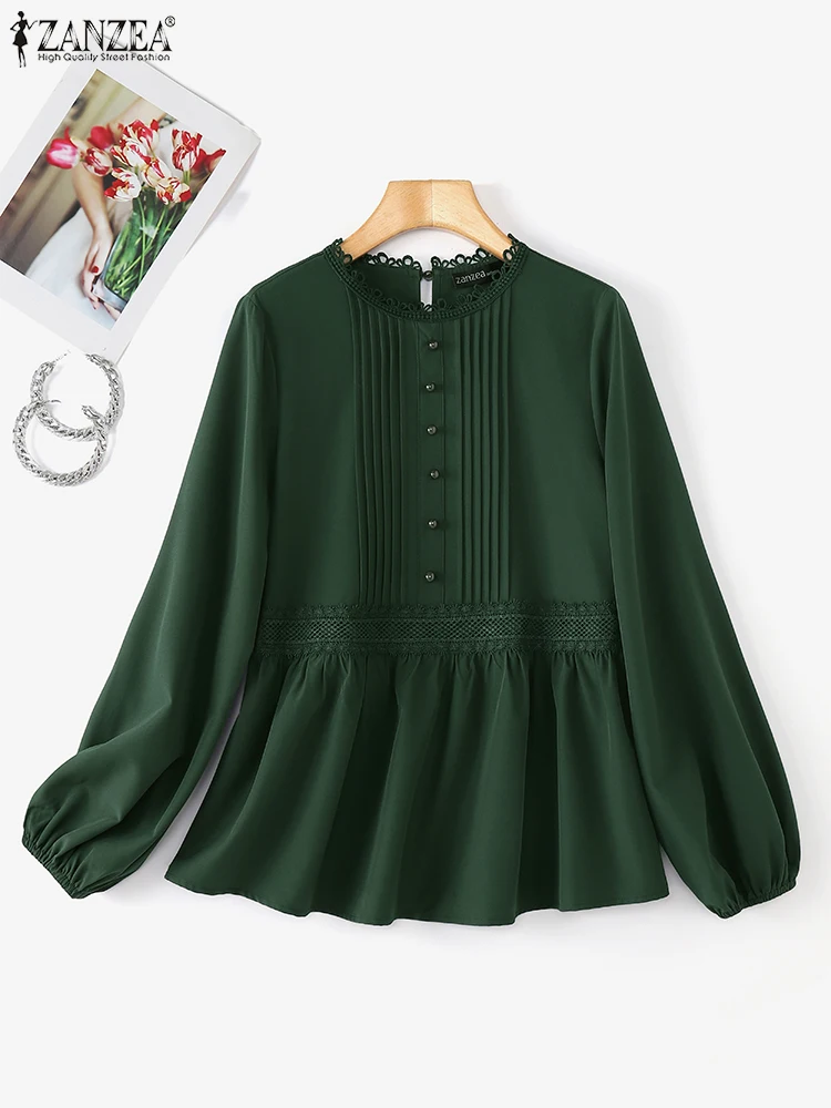 

ZANZEA Women Blouses Fashion Tops Solid Color Lace Patchwork Summer Spring Loose Long Sleeve Blusas Tunic OL Work Streetwear