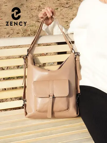 Zency Stylish Women Shoulder Bag 100% Genuine Leather Large Capacity Handbag Multifunction Satchel Bag Backpack Brown 2 in 1 Bag