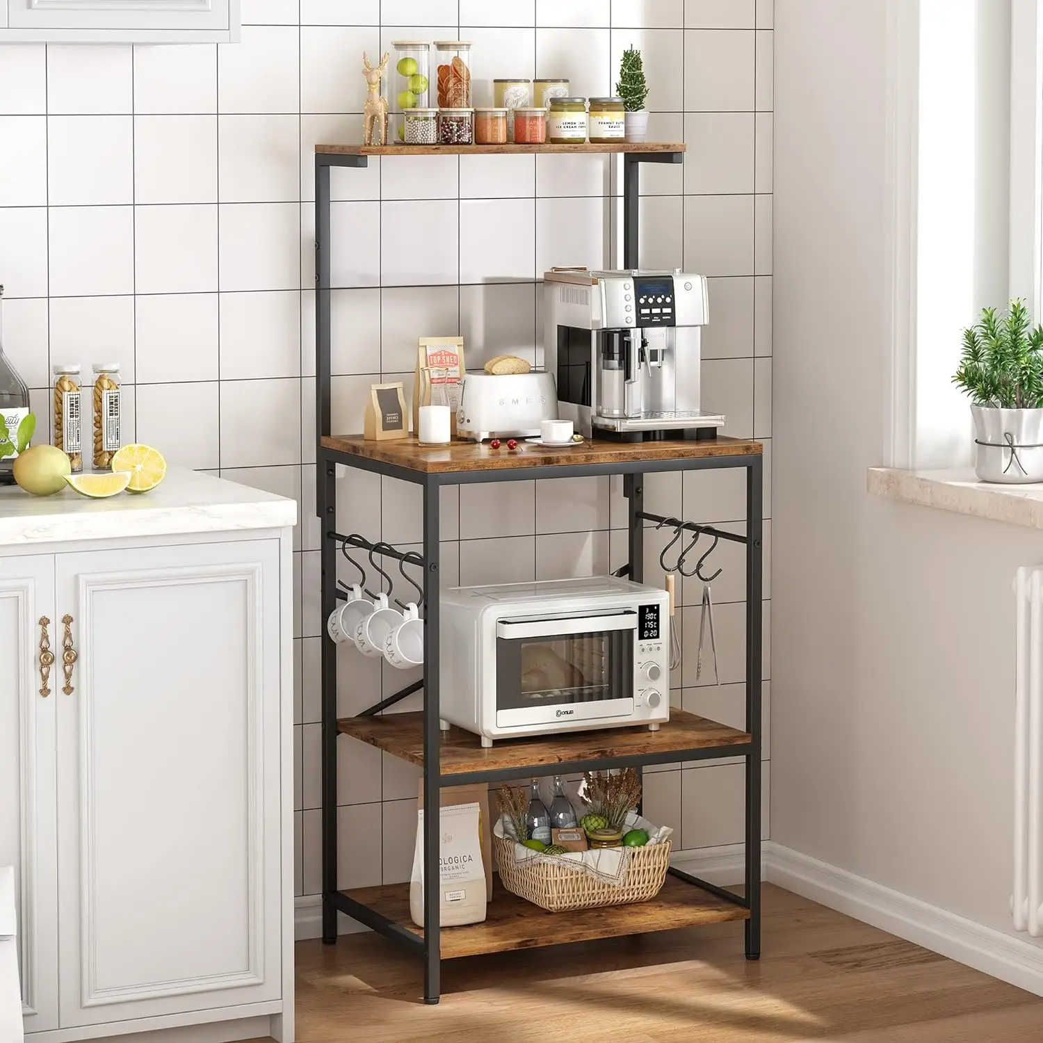 NEW Kitchen Bakers Rack 4-Tier Coffee Bar Table Kitchen Microwave Stand with 6 S-Shaped Hooks Kitchen Storage Shelf Rack