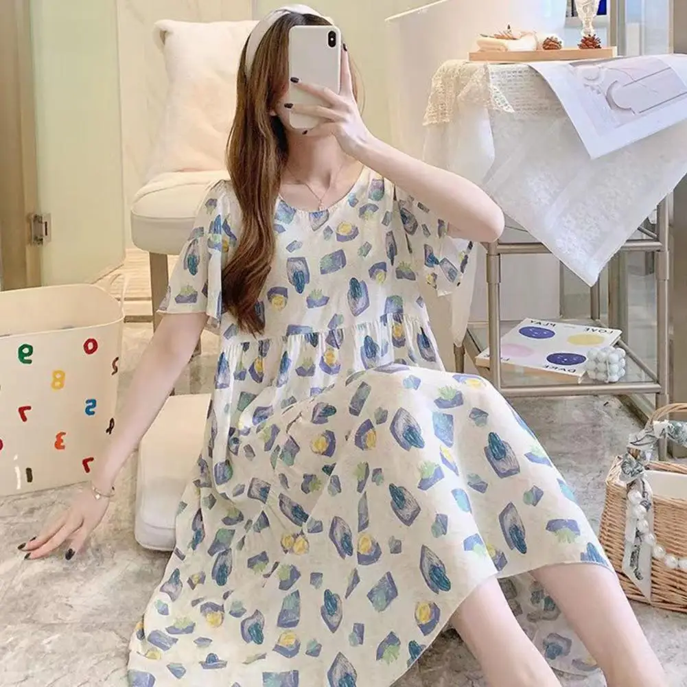 

Women Summer Cardigan Nightdress Loose Women Short Sleeve Nightgown Cartoon Floral Print Sleep Dress Nachtkleding Vrouwen