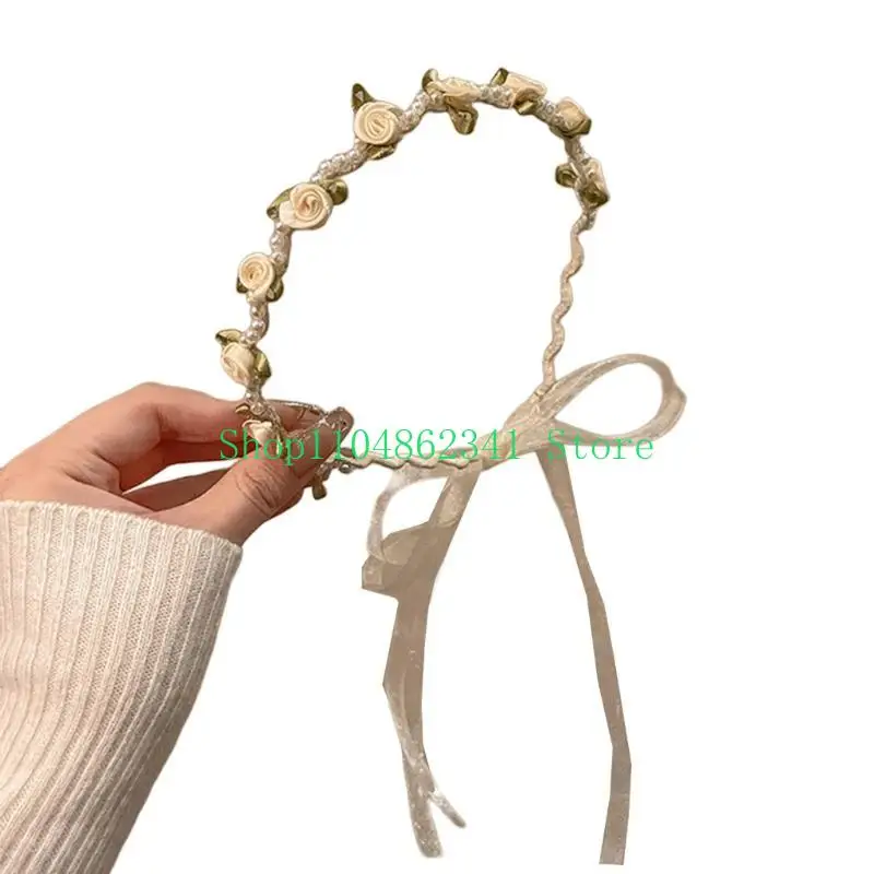 

5asd Wedding Headband Rose Headband Flower Pearl Headband Bridal Headband with Ribbon