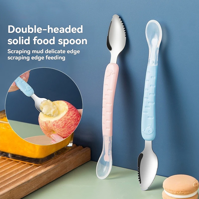 

Baby Food Scraper Spoon - Dual-Head Apple Puree Maker & Fruit Peeler, Silicone Infant Feeding Tool with Easy Clean Desi