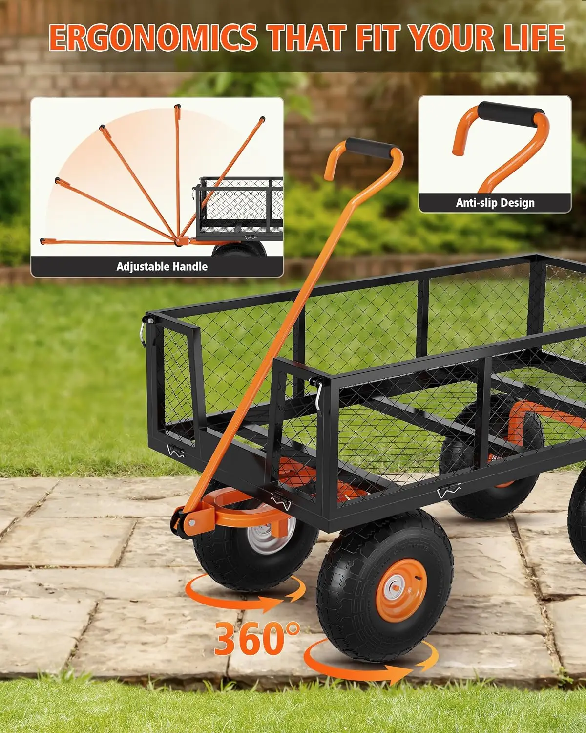 Tacleekii 500 Lbs Capacity Steel Garden Cart 3-in-1 Utility Metal Wagon with Removable Mesh Sides to Convert Into Flatbed 180° Rotating Handle and 10