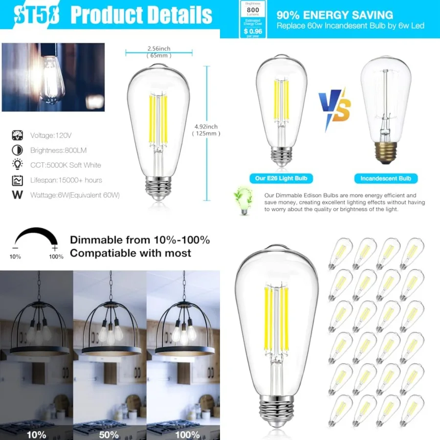 

Vintage LED Edison Bulbs, E26 Led Bulb 60W Equivalent, Dimmable Led Light Bulbs, High Brightness 6W 800 LM Daylight White 5000K