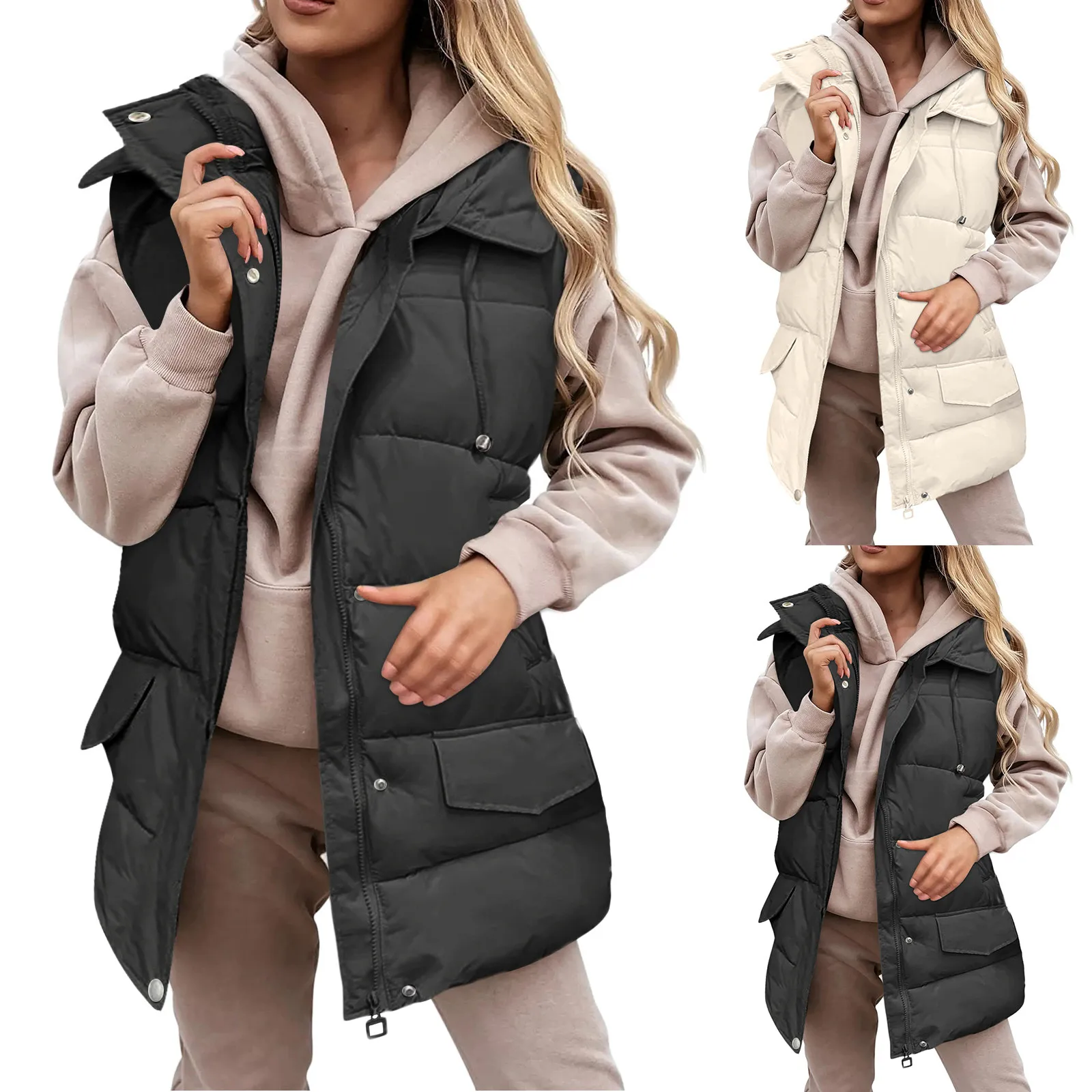 2024 Winter Cotton Vest Women Loose Warm Waistcoat Jacket Cotton Hooded Padded Jacket Sleeveless Female Winter Waistcoat