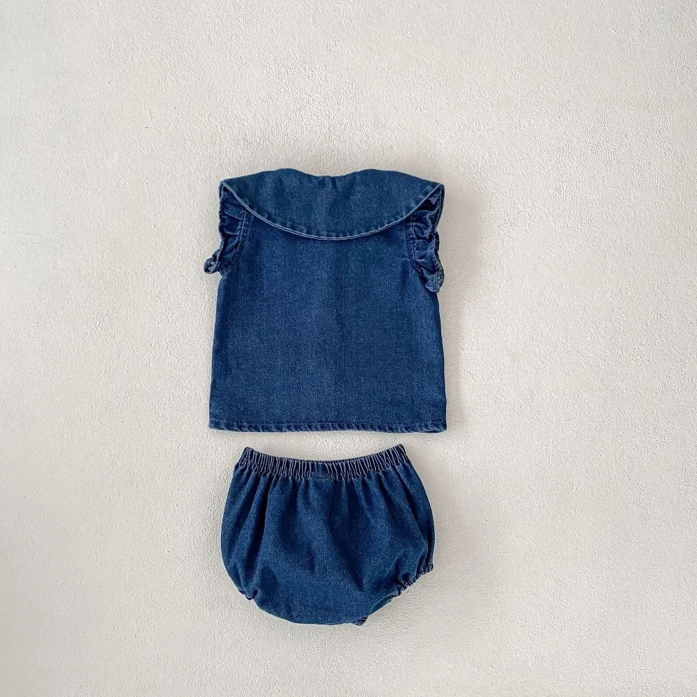 0-4Years Baby Girl Clothing Set 2025 Summer Toddler Kids Sleeveless Peter Pan Collar Denim Tops+Bloomers Shorts 2PCS Outfits