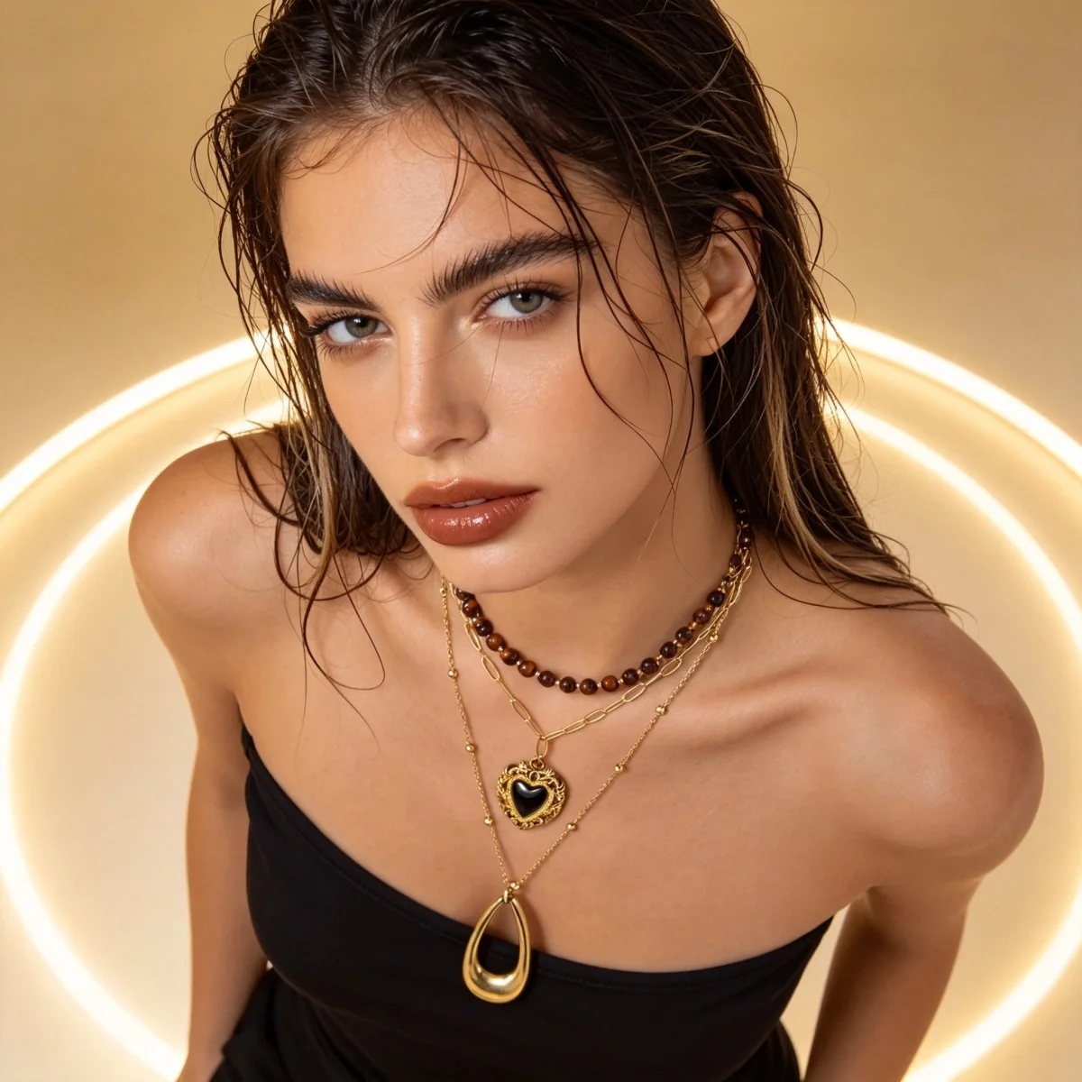 Retro Natürlicher Tigerauge-Stein Herz Hohler Wassertropfen Anhänger Halskette für Frauen Männer Mehrschichtige Tropfenform Stapelbare Choker-Schmuckstücke – Detail 17