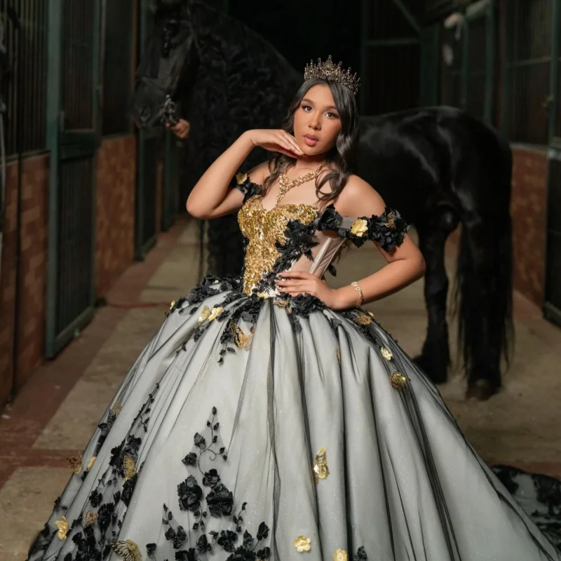 

Black Quinceanera Dress off-shoulder Glitter Crystal Flower Decal Long tail vestidos de 15 Quinceanera ﻿Customized