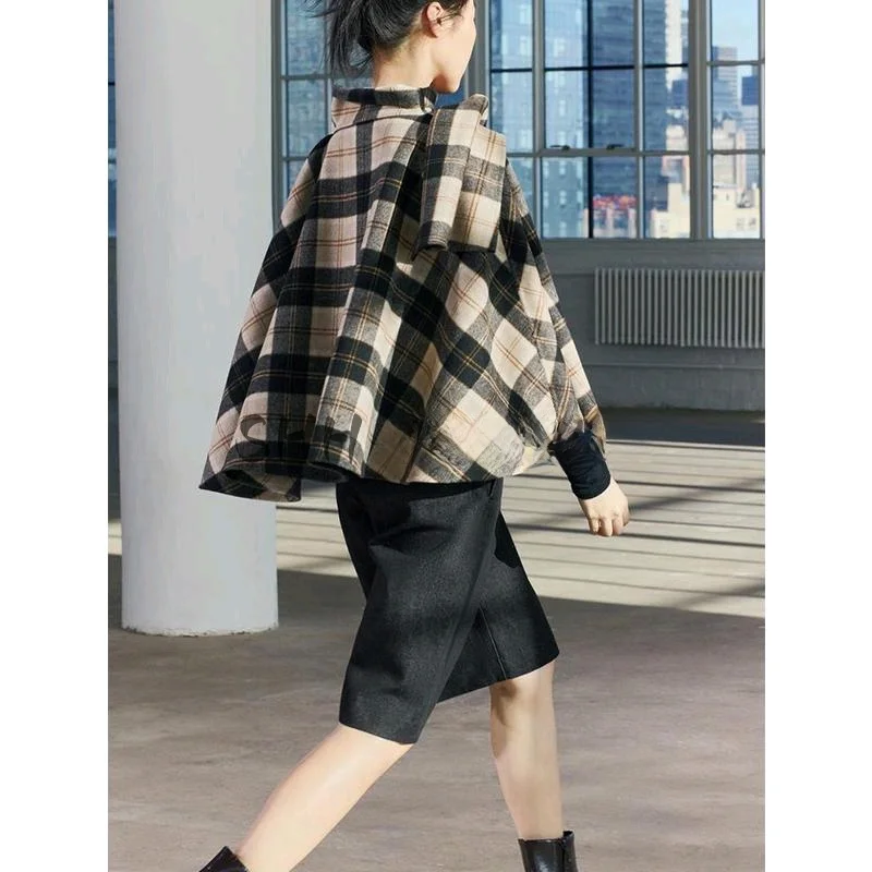 Spring New Asymmetric Hem Plaid High Collar Cowl Ne Coat Women's Loose Fit ort Outerwear Commute Sle Long Sve Polyester
