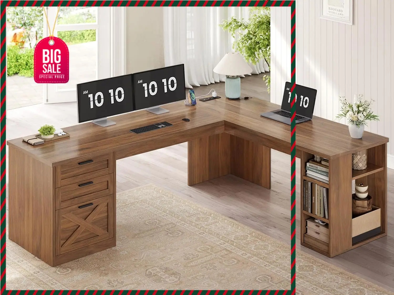 

Бестселлер: Угловой письменный стол в стиле фермерского дома 67 дюймов с 3 ящиками, офисный стол для руководителя с полками для хранения, цвет кукурузный