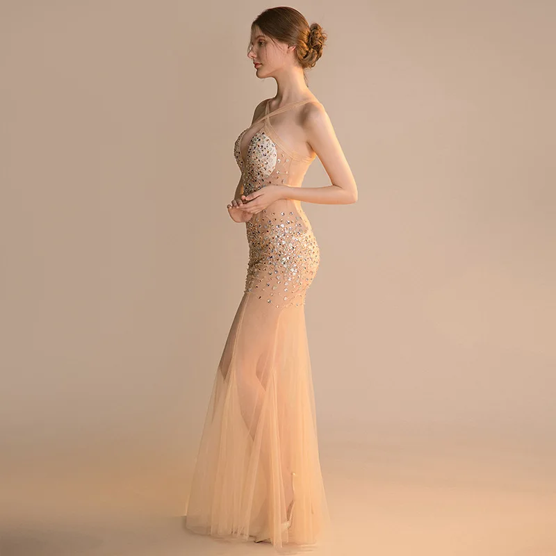 Sexy Champagne Evening Party Dresses 2025 V-neck Straps Crystal Beads Formal Prom Gowns Robe De Soiree Vestidos Fiesta Customize