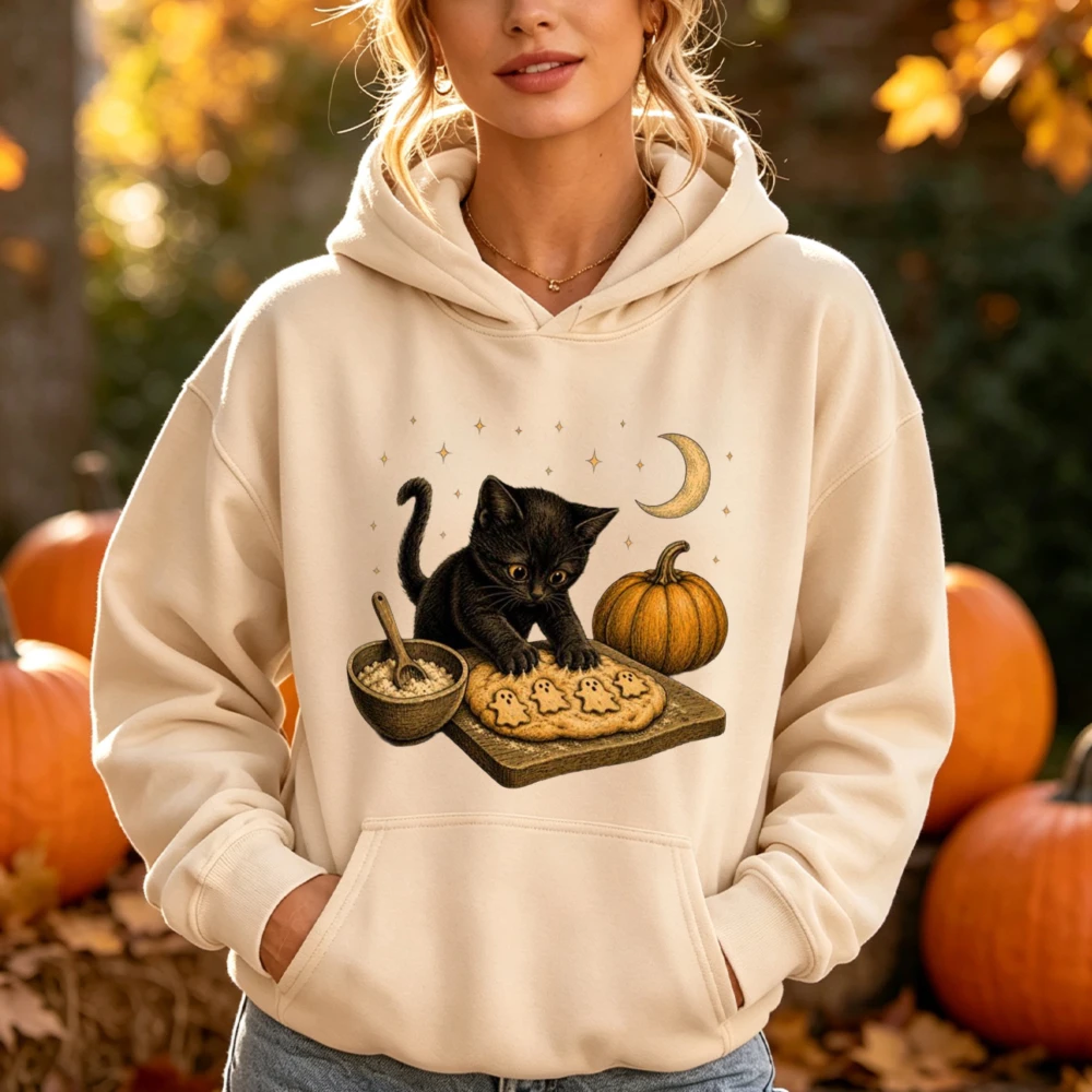 Black Cat Bakery Hoodie Women Warm Long Sleeve Baking Ghost Cookie Pumpkin Graphic Cozy Fall Pullover Gift Winter Clothes Women